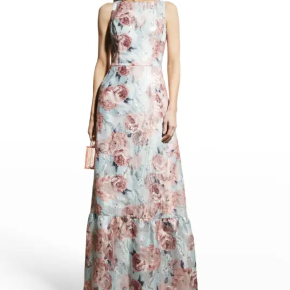 AIDAN Mattox floral metallic blue and pink jacquard dress sz 10 nwt